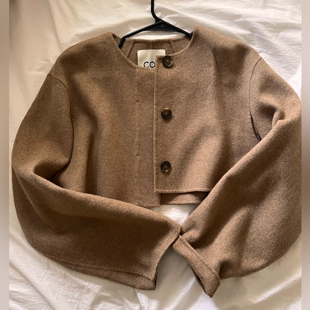 COS Tan Wool Double Faced Hybrid Cropped Button Up Jacket
